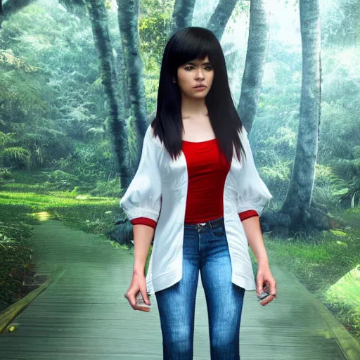 Image similar to kena bridge of spirits, 3 d character zbrush, hispanic girl using tight white and red raglan sleeves, tight blue jeans and cool shoes, silky long black hair with bangs in a tropical forest, artstation