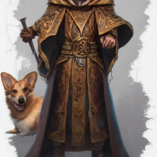 Prompt: a corgi d & d character, cleric, thaumaturgist, intricate robes, arcane trinkets, mystical spell effects, glowing runes, hyperrealistic, extremely detailed digital illustration, greg rutkowski, artgerm, trending on artstation, 8 k