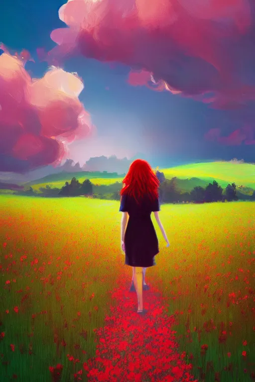 Image similar to red haired girl walking in a flower field, surreal photography, sunrise, dramatic light, impressionist painting, colorful clouds, digital painting, artstation, simon stalenhag