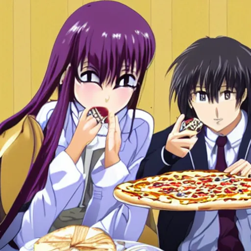 Prompt: kagami sumika from Muv-Luv eating a pizza with George Lucas