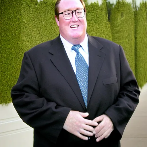 Prompt: 2 0 0 7 john lasseter wearing a black suit and black necktie weilding a light blue lightsaber