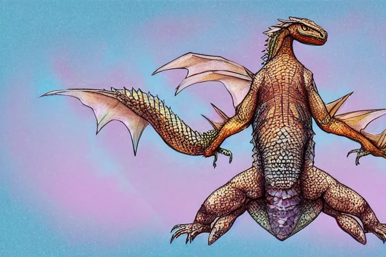 Image similar to full body digital illustration of a giant girdled lizard, pastel color scheme, !dream full body digital illustration of a baby dragon with iridescent wings, pastel color scheme, Smaug giganteus, concept art, matte background, deviantArt, artstation, artstation HQ, HD, 4k resolution