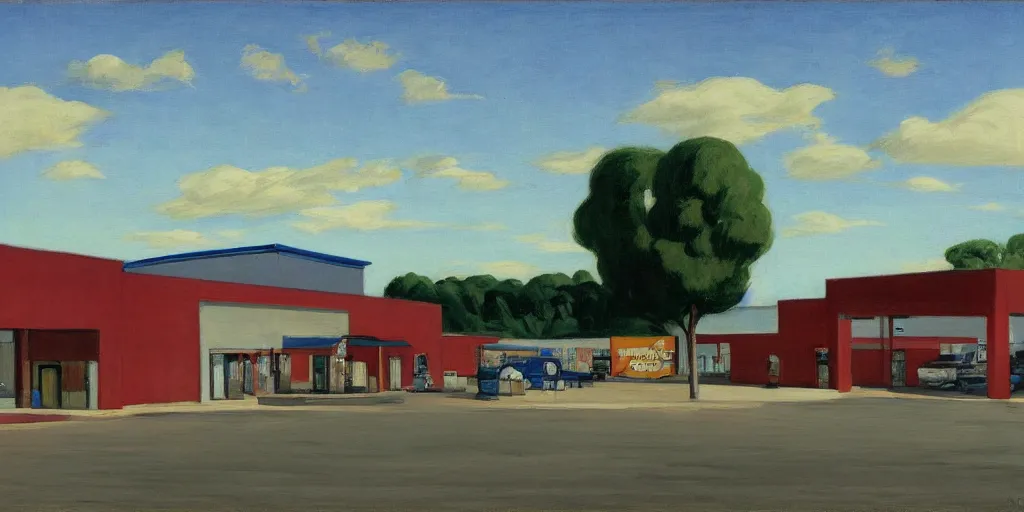 Image similar to The parking lot behind a Walmart in a North American suburban strip mall by Edward Hopper