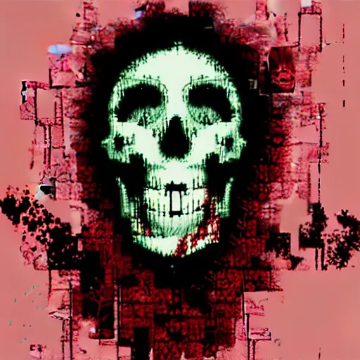 Image similar to screaming skull with blood coming out of its mouth, realistic, vaporwave pixel sorting