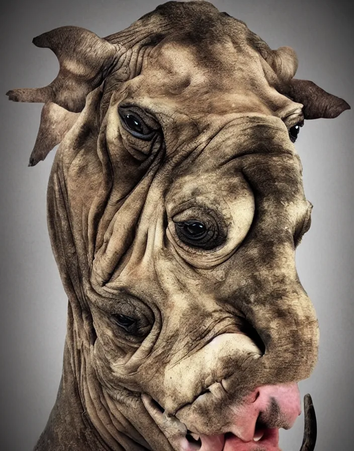 Image similar to portrait of muscular animal human merged head skin ears, large dark background, scales skin dog, cat merged elephant head cow, chicken face morphed fish head, gills, horse head animal merge, morphing dog head, animal eyes, merging crocodile head, anthropomorphic creature