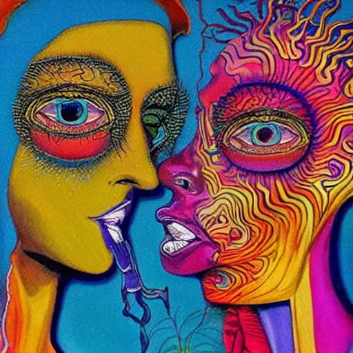 Image similar to beautiful painting of two bizarre psychedelic women kissing each other closeup in an aquarium in japan, speculative evolution, mixed media collage by basquiat and alex grey, magazine collage art, sapphic art, lesbian art