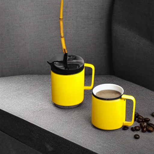 Image similar to yellow coffee mug full of steaming coffee, mugs surface is made of rimowa aluminium suitcase,