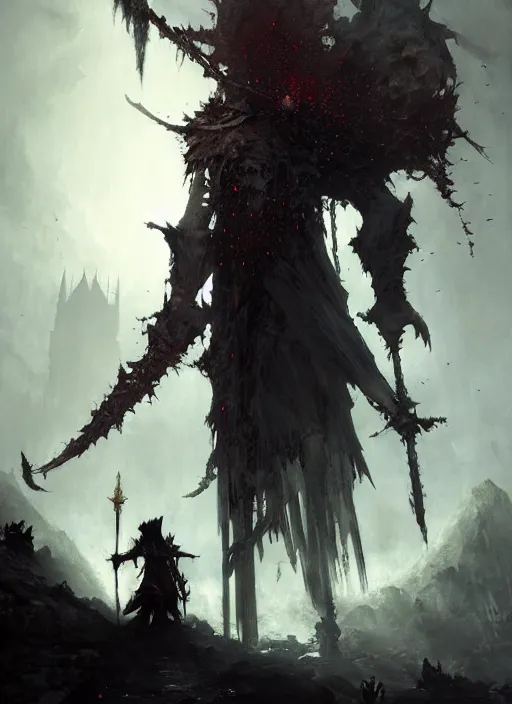 Image similar to 4k dark fantasy artwork of the ashen one from dark souls 3, art by greg rutkowski, art by craig mullins, art by thomas kincade, art by Yoshitaka Amano