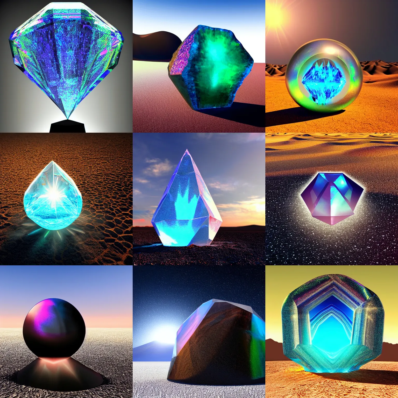 Prompt: An iridescent glowing giant crystal in the middle of a desert of black sand, 3d art rendering.