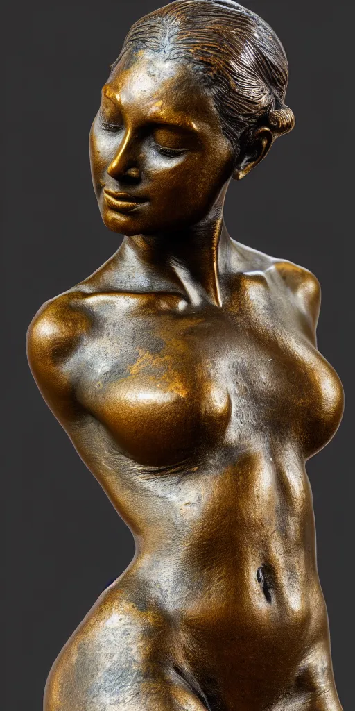 Image similar to detailed photo of old bronze patina statue of most beautiful woman, full body portrait, various bending poses, photorealism, intricate detail, museum diffuse lighting