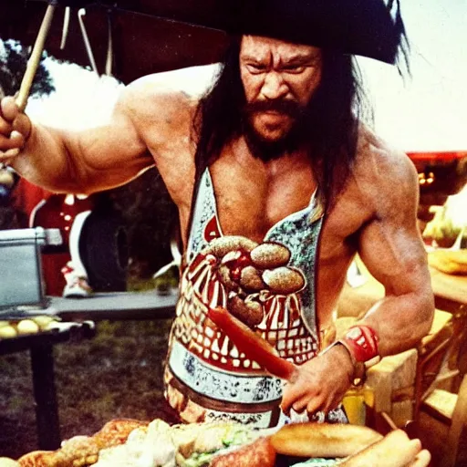 Prompt: candid photo of conan the barbarian flipping burger on a barbecue. he is wearing an apron with unicorn drawing, and a tutu. photo by annie leibovitz