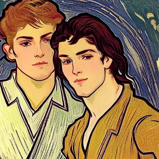 Prompt: closeup portrait of two male friends!, a young cute handsome human vidar with short brown messy pompadour hair together with a young handsome feminine beautiful delicate longhaired pale elf taehyung with long wavy dark gorgeous long hair, long hairstyle, wearing armor!, modest!, cleanshaven!, stylish armor, art by alphonse mucha, vincent van gogh