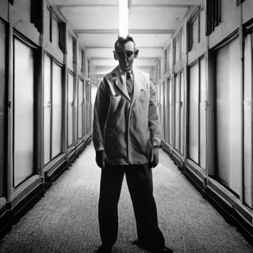 Image similar to a 1 9 5 0 s male scientist wearing a lab coat standing lost in the backrooms, mono - yellow old moist carpet room, empty liminal space, very dark shadows, broken fluorescent lighting, horror movie scene, film grain