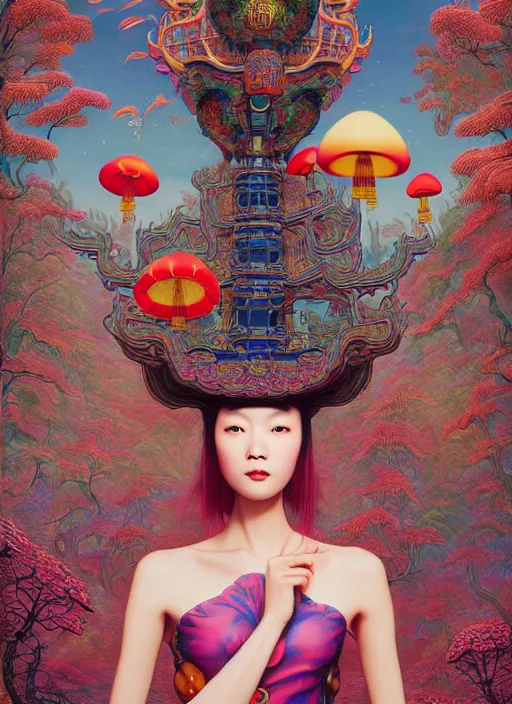 Image similar to pretty chinese model with hallucination mushroom : : by martine johanna and simon stalenhag and chie yoshii and casey weldon and wlop : : ornate, dynamic, particulate, rich colors, intricate, elegant, highly detailed, centered, vogue, harper's bazaar art, fashion magazine, smooth, sharp focus, octane render, 8 k