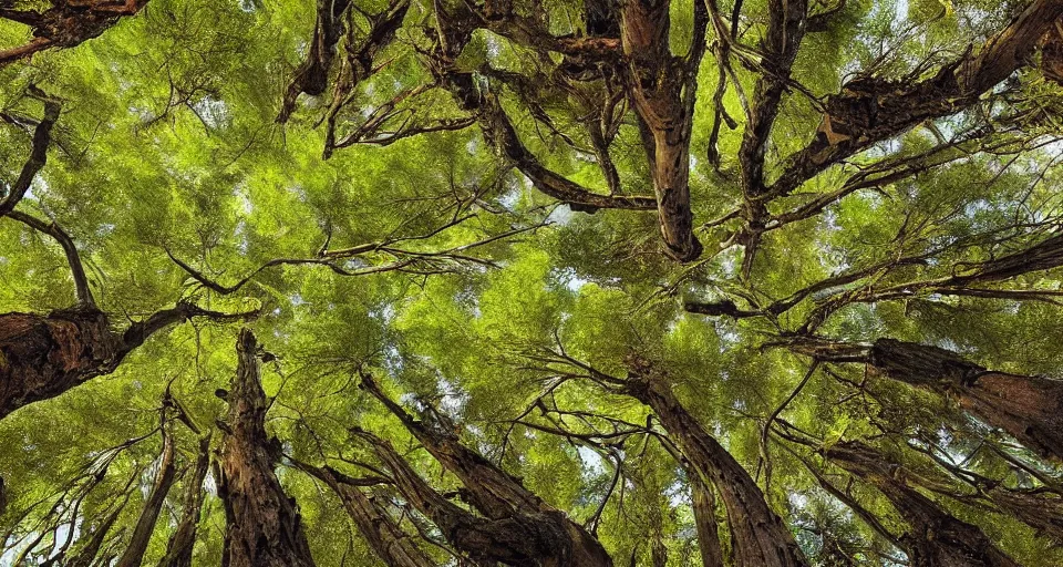 Prompt: looking up at on ancient willow forest, hemlocks, moss, stream, intricate, vivid colors, elegant, highly detailed, ivan shishkin, john park,