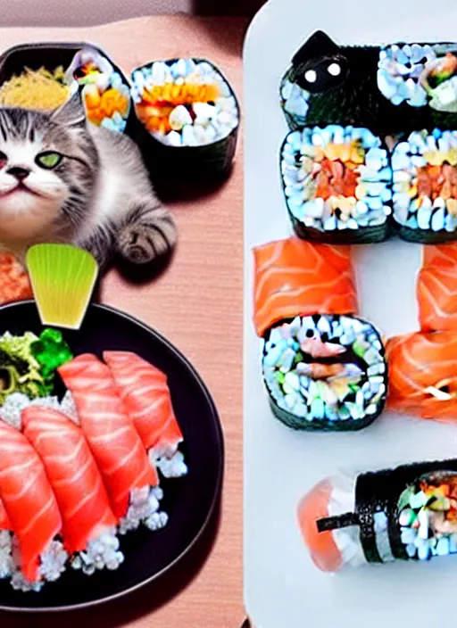 Image similar to clear photorealistic picture of adorable cats eating sushi