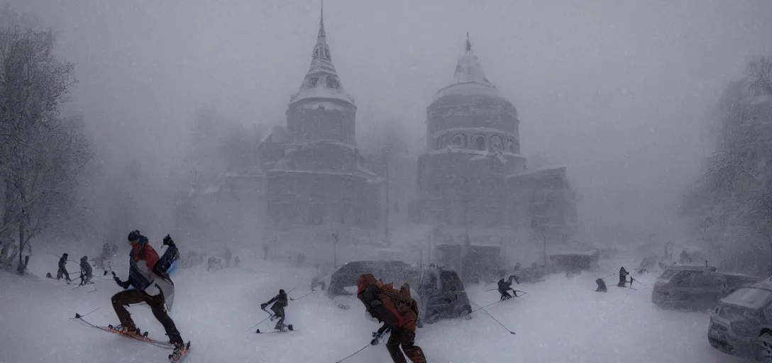 Prompt: famous photo of the blizzard in oslo, people skiing, hyper detailed, 8k, james gurney, greg rutkowski, john howe, artstationf