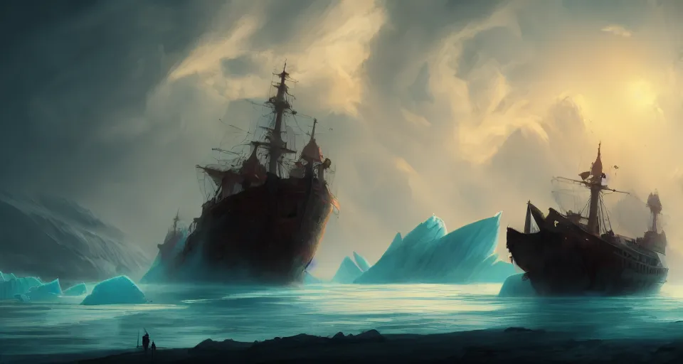 Prompt: concept art by jama jurabaev, cel shaded, cinematic shot, trending on artstation, high quality, brush stroke, vibrant colors, rosy clouds, a mysterious giant ghost ship trapped in the glacier