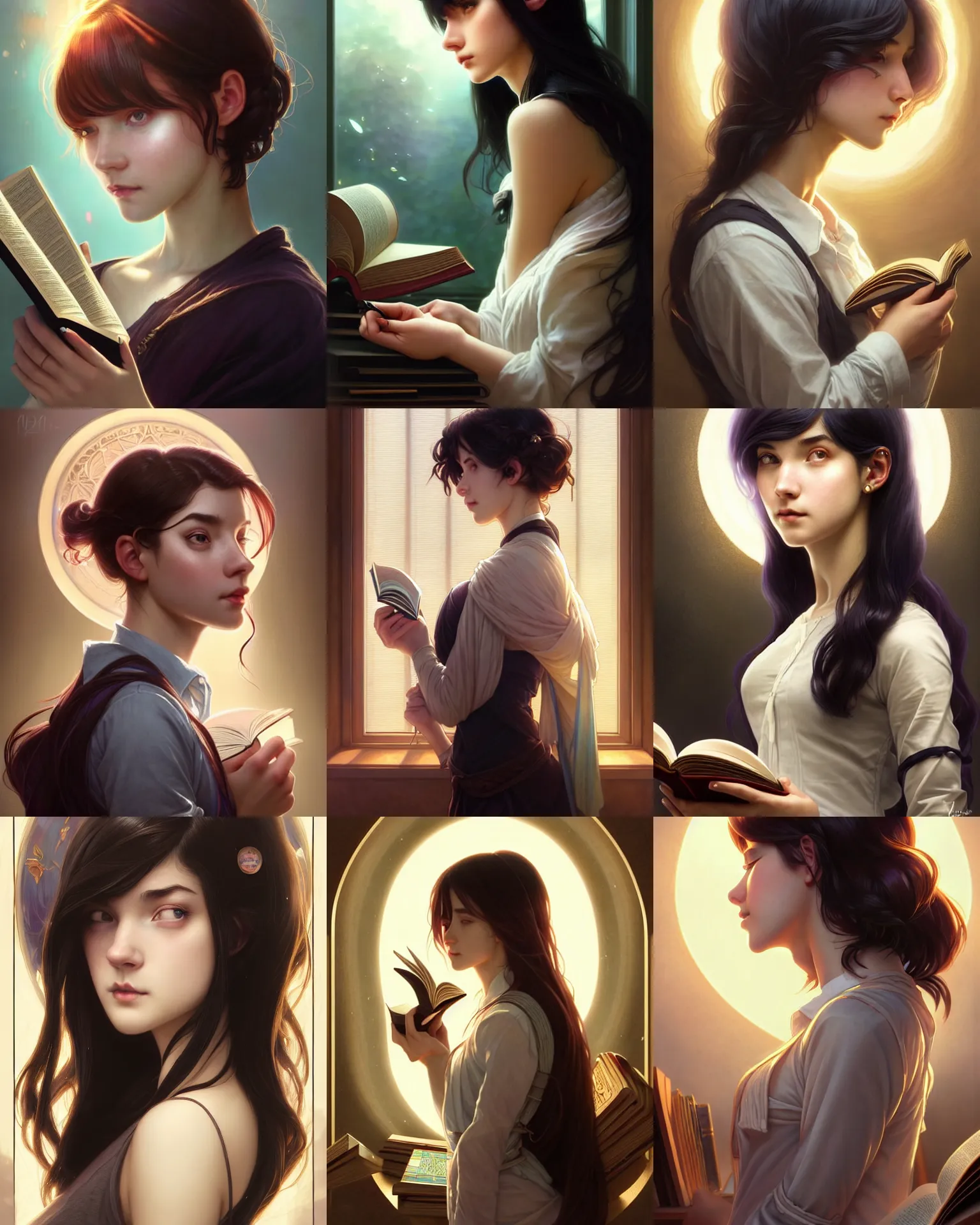 Prompt: side portrait of a university young female, magic school, light hair with streaks of black hair throughout, short hair style, book library studying, intricate, sharp focus, lens flare, bloom, rim light, illustration, highly detailed, digital painting, concept art, matte, art by wlop and ross tran and artgerm and greg rutkowski and alphonse mucha, masterpiece