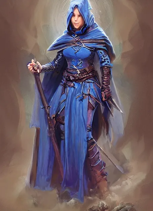 Image similar to dark blue cloak female priest, ultra detailed fantasy, dndbeyond, bright, colourful, realistic, dnd character portrait, full body, pathfinder, pinterest, art by ralph horsley, dnd, rpg, lotr game design fanart by concept art, behance hd, artstation, deviantart, hdr render in unreal engine 5