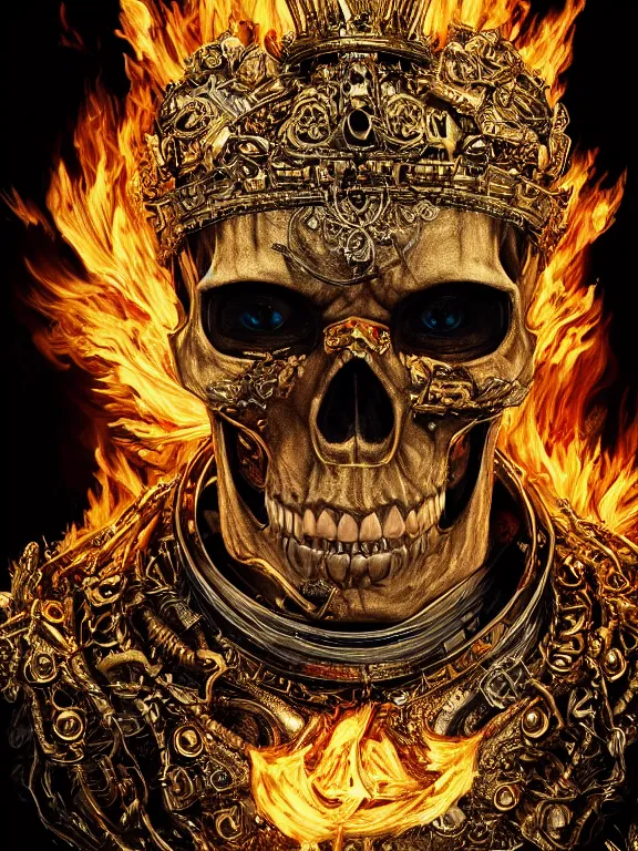 Image similar to portrait art of 8k ultra realistic skull on fire,intricate gold crown, detailed intricate ornate armour,decaying, cybernetic, full of colour, cinematic lighting, battered, trending on artstation, 4k, hyperrealistic, focused, extreme details,unreal engine 5, cinematic, masterpiece, art by ayami kojima, giger