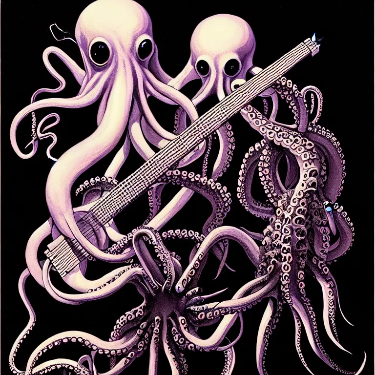 Image similar to a beautiful painting by gerald brom of a couple of octopus playing drums and telecaster guitar in an electronic concert, black background, concert light, dark mood, warm lights