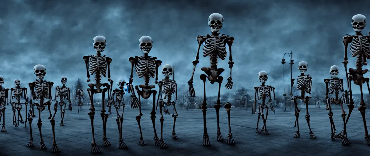 Image similar to hyperrealistic skeleton army mall in background ute osterwald jason limon concept art dramatic blue lighting wide angle hd 8k sharp shallow depth of field