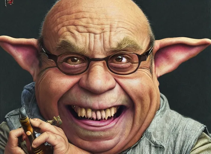 Prompt: a highly detailed portrait of Danny Devito as a crazy laughing Yoda on a bad ketamine drug trip, drugs and alcohol littered everywhere, descent into lunacy and madness, dizzy, trippy, artstation, cgsociety, very detailed, intricate, detailed illustration, by artgerm and greg rutkowski and alphonse mucha, sharp, smooth, masterpiece