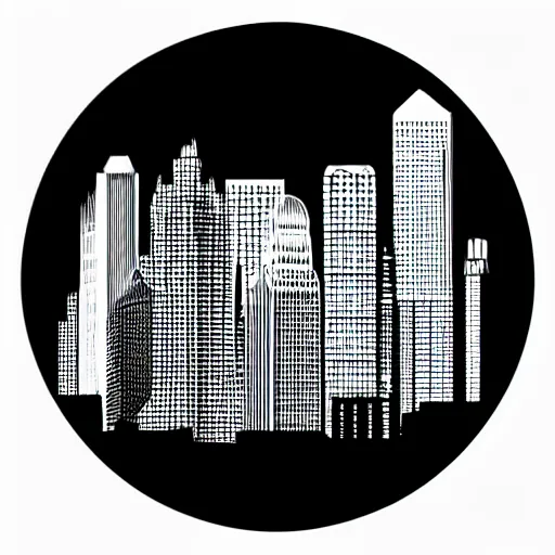 Image similar to a perfect circle where the inside is empty blank space and around the outer edge of the circle is the silhouette of a city skyline, black and white, minimalist, in the style of a charcoal drawing, made by david mellen