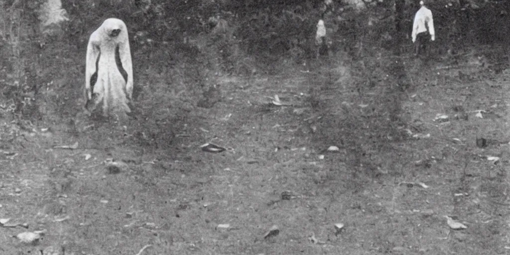 Prompt: scary unproportionable tall ghost creature crawling around, 1900s picture