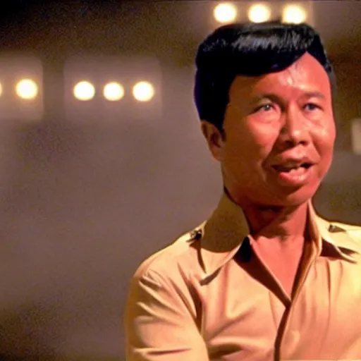 Image similar to A movie still of Pol Pot wearing a disco suit in Satuday Night Fever