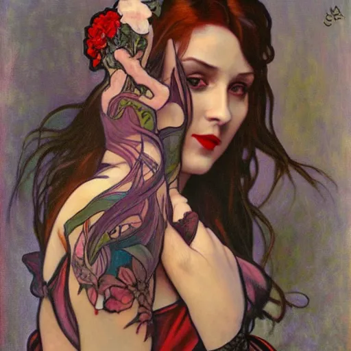 Image similar to A beautiful painting of a lady vampire, colorful arm tattoo, victorian, dracula, ominous, oil on canvas, photorealism, alphonse mucha, caravaggio, irwin penn, high definition, soft light