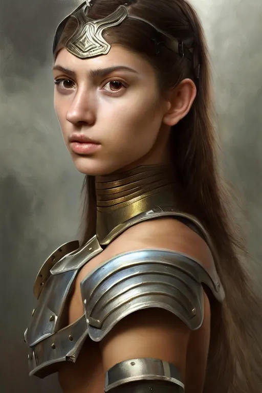 Prompt: a photorealistically painted portrait of an attractive young girl, partially clothed in military battle armor, with an abstractly painted background, flawless olive skin, fair complexion, long dark hair, beautiful bone structure, perfectly symmetric facial features, perfect photorealistic eyes, natural physique, intricate, elegant, digital painting, concept art, finely detailed, beautifully illustrated, sharp focus, minimal artifacts, volumetric lighting, from Halo, by Ruan Jia and Mandy Jurgens and Artgerm and William-Adolphe Bouguerea, in the style of Greg Rutkowski, trending on Artstation, award winning art
