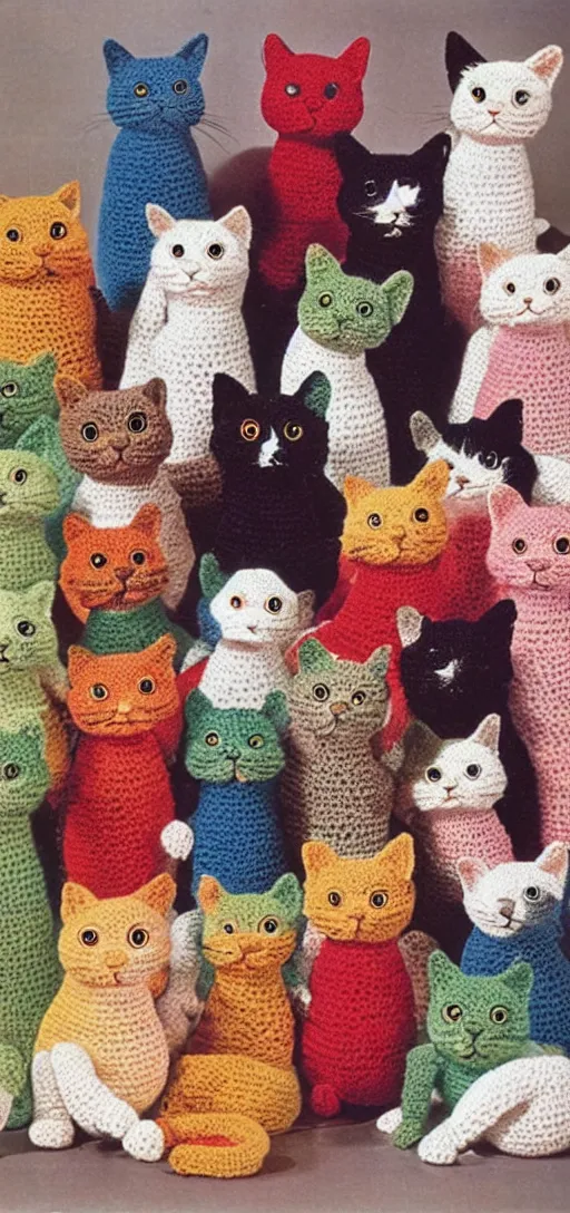 Image similar to multicolored crocheted cats, 1 9 6 0 s catalogue photo,