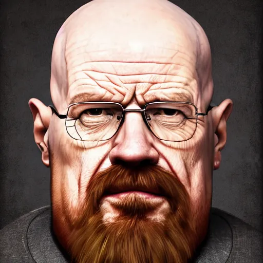 Image similar to photo portrait of a morbidly obsee walter white with a beard, morbidly obese, realistic, hyperrealistic, 8 k resolution, hd quality, very detailed, highly detailed, intricate details, real life, real world, trending on artstation, digital art, really realistic, very realistic, headshot, head in frame, photograph, portrait