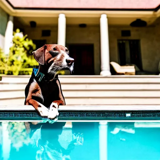 Image similar to a very detailed photo of a dog smoking a cigar outside the mansion by the pool