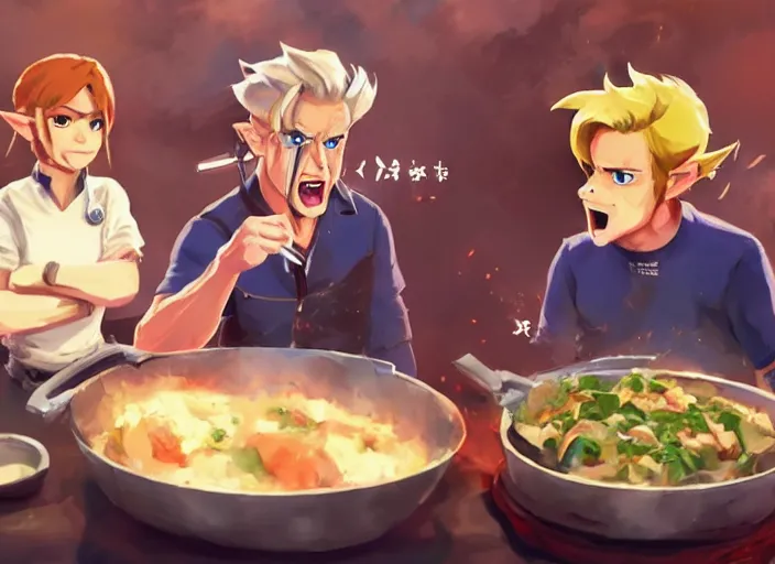 Image similar to gordon ramsey yelling screaming at link with a scared expression from zelda for cooking burnt food in the style of breath of the wild, artstation, krenz cushart, makoto shinkai