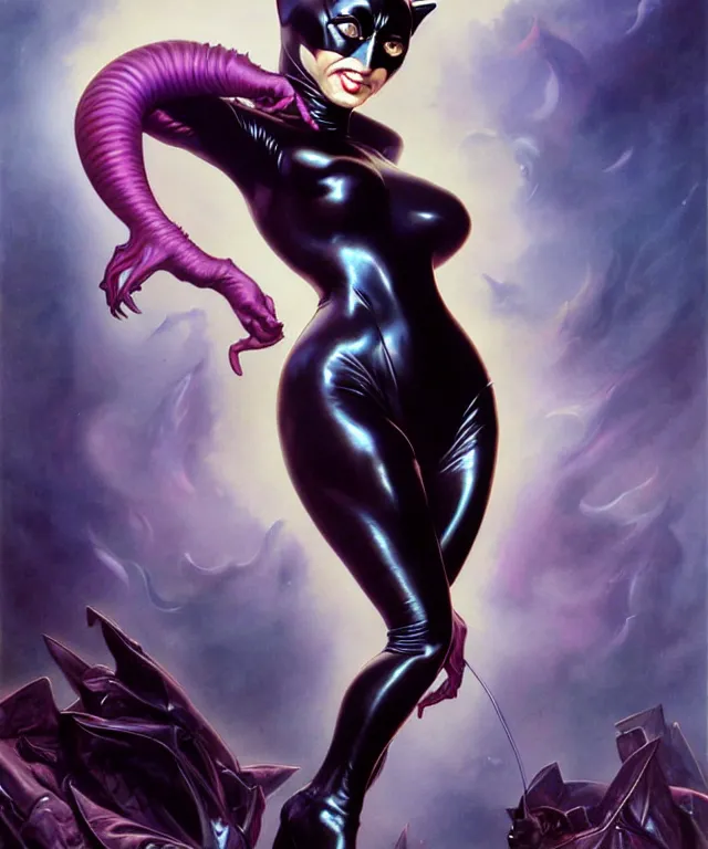 Prompt: cat woman from batman in the style of hajime sorayama, peter mohrbacher, wayne barlowe, gustav moreau, bussiere, roberto ferri, santiago caruso, luis ricardo falero, austin osman spare, boris vallejo, dali
