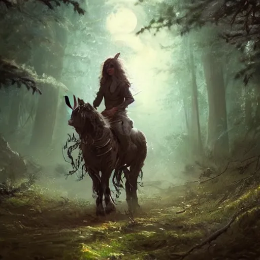 Prompt: beautiful tattooed woman with short curly brown hair riding unicorn through the woods full moon, landscape, scenery, oil painting, Tooth Wu, Greg Rutkowski, RPG, dynamic lighting, fantasy art, High contrast, depth of field