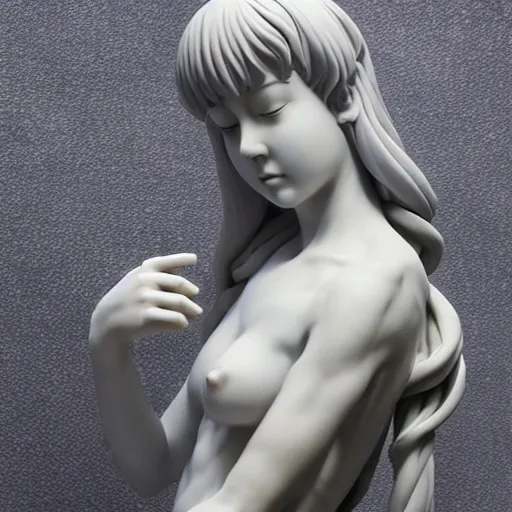 Image similar to renaissance marble statue of kawaii rei ayanami kneeling relaxed wearing flowing robes