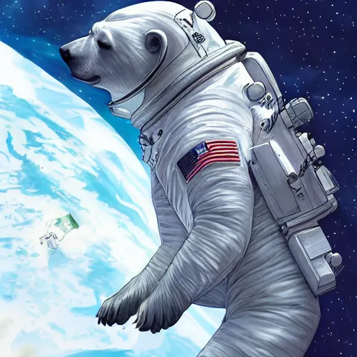 Image similar to a polar bear in a astronaut suit, 3d, sci-fi fantasy, intricate, elegant, highly detailed, lifelike, photorealistic, digital painting, artstation, illustration, concept art, sharp focus, art in the style of Shigenori Soejima