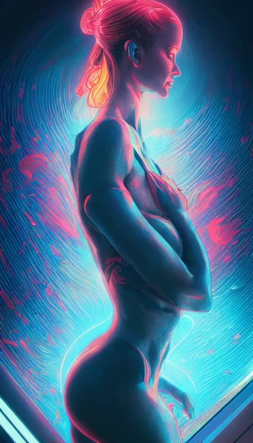 Prompt: altered carbon, neon, fibonacci, sweat drops, insane, pinup, intricate, highly detailed, digital painting, artstation, concept art, smooth, sharp focus, illustration, Unreal Engine 5, 8K, art by artgerm and greg rutkowski and alphonse mucha