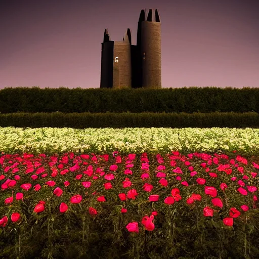 Prompt: photo of a beautiful field of roses with a dark tower in the center. night. photorealism. 4 k. national geographic. high detail