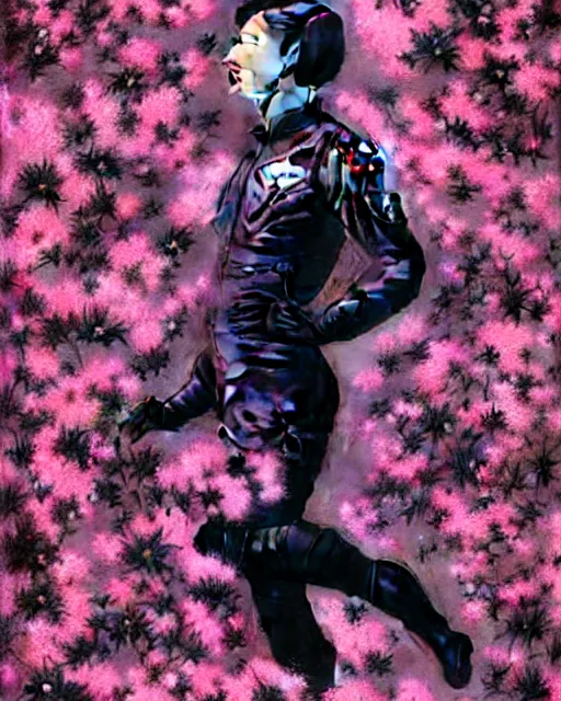 Image similar to a vintage photograph of a female astronaut standing on a bed of black and pink flowers, photorealistic, muted colors, dark aesthetic, intricate, elegant, sharp focus, illustration, highly detailed, digital painting, concept art, matte, art by wlop and artgerm and greg rutkowski and ross tran, masterpiece