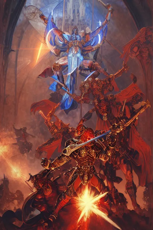 Image similar to epic warhammer battle between human warriors mages and demons, inside cathedrals and abbeys, fullbody!! dynamic action pose, religious, intricate, elegant, highly detailed, digital painting, artstation, concept art, smooth, sharp focus, red and blue color scheme, illustration, art by artgerm and greg rutkowski and alphonse mucha