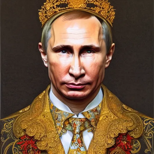 Image similar to a portrait of ( male ) putin, upper half portrait, decorated with russian motifs, traditional russia, intricate, elegant, highly detailed, symmetry, headpiece, digital painting, artstation concept art smooth sharp focus, illustration, art by artgerm and greg rutkowski alphonse mucha 8 k