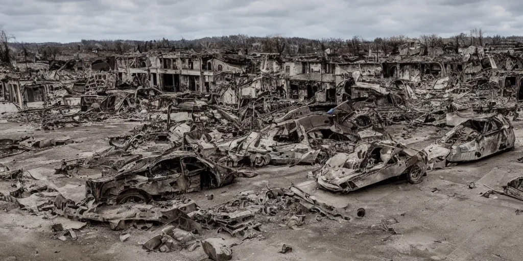 Prompt: A wide angle photo of destroyed town with tank's wreckles