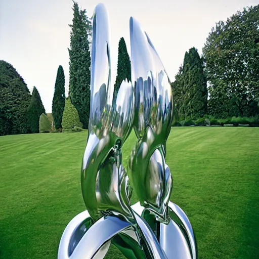 Image similar to giant Italian modern castle formal garden with a modern stainless steel organic shaped modern sculptures with mirror finish by Tony Cragg, photo by Annie Leibovitz