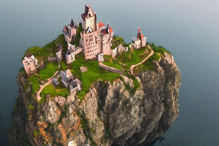 Prompt: an enchanting castle on a cliff by gediminas pranckevicius, aerial view