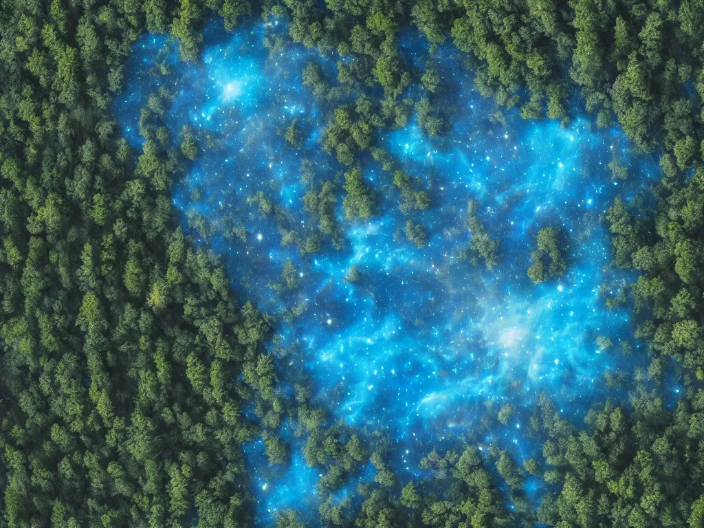 Image similar to nebula above a clear blue lake in the middle of an evergreen forest